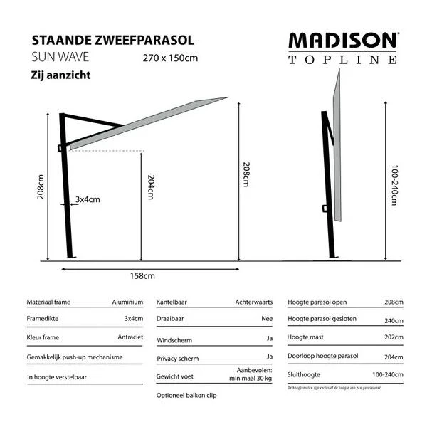 Madison Parasol Sun Wave 270 × 150 Cm - Beige 4 Madison Parasol Sun Wave 270 × 150 Cm - Beige - Afbeelding 2