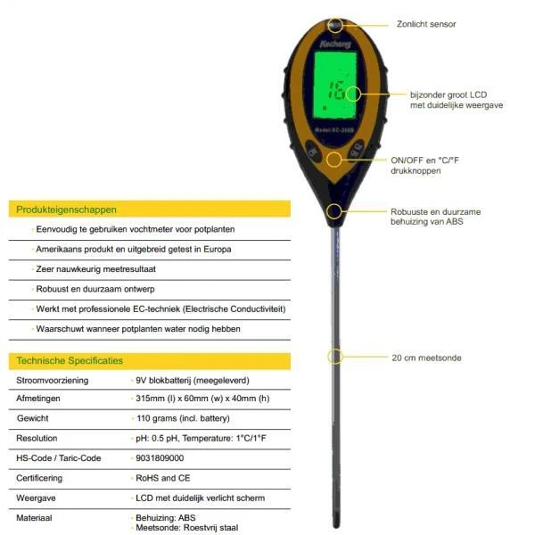 4 In 1 Meter (pH, Licht, Temperatuur En Vocht) 5 4 In 1 Meter (pH, Licht, Temperatuur En Vocht) - Afbeelding 3